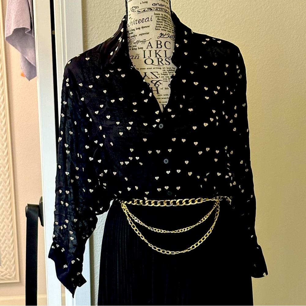 All Saints Mariana Black Blouse with gold embroidered broken hearts